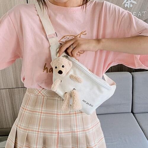 Kawaii 3D Plush Doll Waist Bag Casual Canvas Women Black Chest Bag Original Design Female Portable Banana Bag Sports Waist Packs