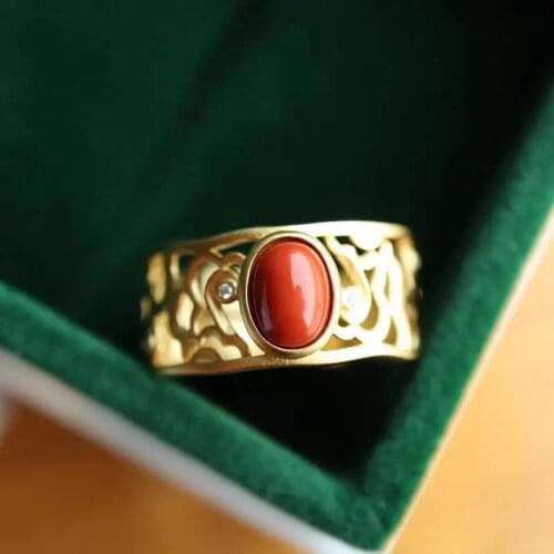 S925 Sterling Silver Southern Red Agate Ring Natural Hetian Jade Elegance Retro Refined and Simple Ornament