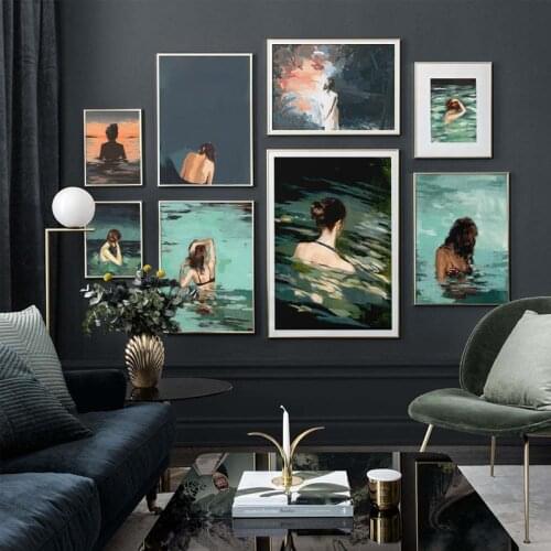 Summer girl sunset seaside tide poster canvas painting wall decoration painting