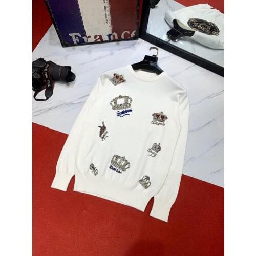Fashion Brand Mens Oversized Sweater Crown Rhinestone Pullover Slim Stretch Knitwear