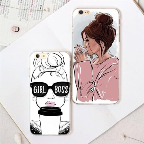 Fashion coffee girl boss Soft phone case for iphone XS X XR 11 pro max 7 8 6s 6 plus 5s 5 se Cute sketch cover Transparent shell