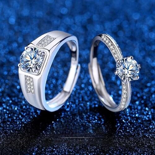 Moissanite Ring Adjustable Opening 1ct 2ct White Diamond Couple Ring For Women Wedding Party Classic 925 Silver Zircon Jewelry