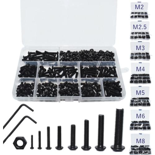 Hex Hexagon Socket Button Head Screw Nut Black Carbon Steel M2 M2.5 M3 M4 M5 M6 M8 Allen Round Head Screw Set Bolt and Nut Set