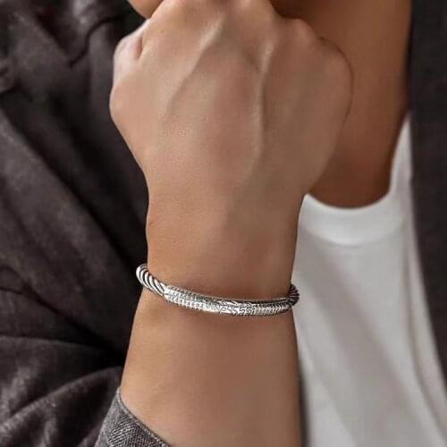 New Six-character Mantra Bracelet Mens Trendy Diamond Heart Sutra Solid Retro Niche Opening Silver Bracelet
