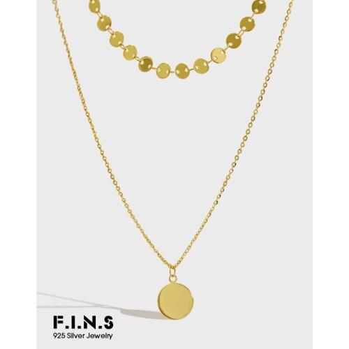 F.I.N.S Korean S925 Sterling Silver Necklace Geometric Round Tag Pendant Necklace Double Layered Choker Necklace Clavicle Chain
