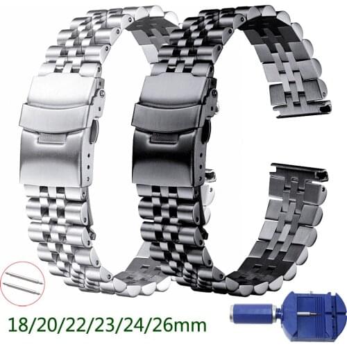 Silk Glossy 5Rows Stainless Steel Watch Band 18mm 20mm 22mm 23mm 24mm 26mm Watch Strap Double Lock Buckle Replacement Wristband