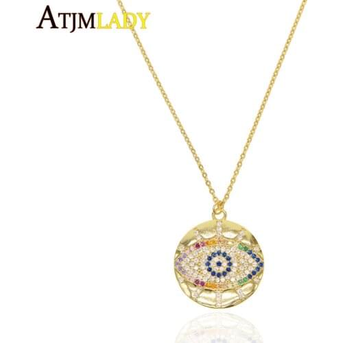 45+5cm chain luxury women necklace pave multi rainbow cz stone evil eye pendant 2019 new arrival coin charming wedding jewelry