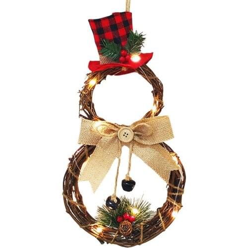 Christmas LED Rattan Light Wreath Door Wall Window Hanging Bowknot Xmas Santa Snowman Garland Pendant