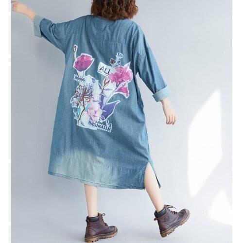 2019 Spring New Double Pocket Denim Windbreaker Woman Vintage V-neck Long Sleeves Plus Size Denim Loose Long Jacket Thin Coat