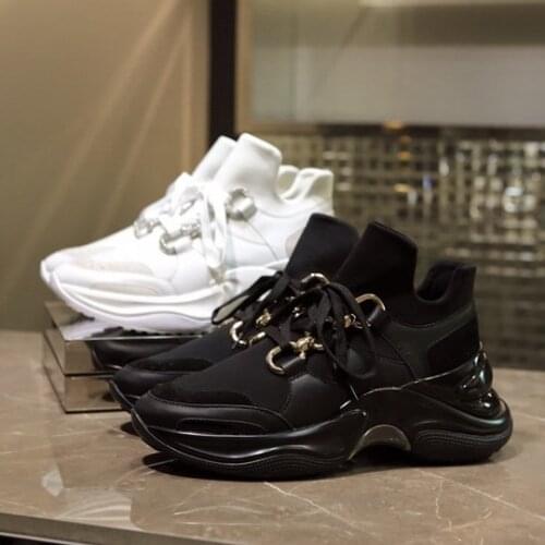 Thick Bottom Sneakers for Women Lace Up Mental Chain Decor Mesh Casual Shoes Fashion 2020 New Design Luxury Brand Woman Shoe