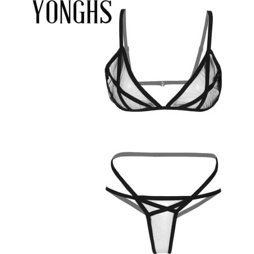 Womens See Through Bikini Lingerie Set Mesh Strappy Sexy Erotic Set Wireless Unlined Hot Bras with G-string Panties Underwear