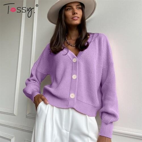 Tossy Casual Knitted Loose Cardigan Crop Top Sweater Women Buttons Long Lantern Sleeve Knitwear Ladies White Tops Autumn 2021