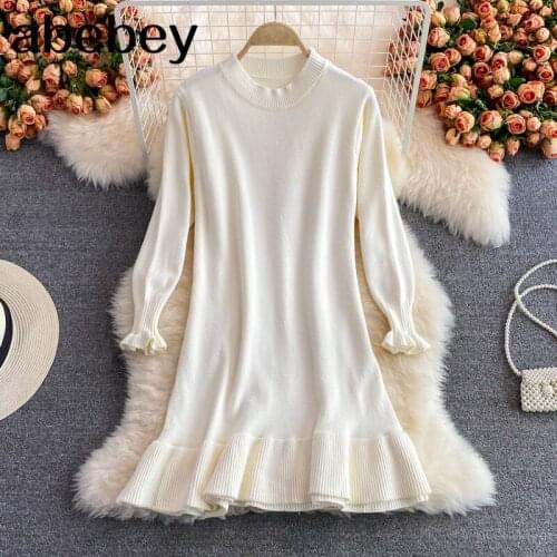 2021 New Spring Autumn Women Korean O-neck long sleeve knitted Dress Ruffles high waist mid-length solid color A-line Dress