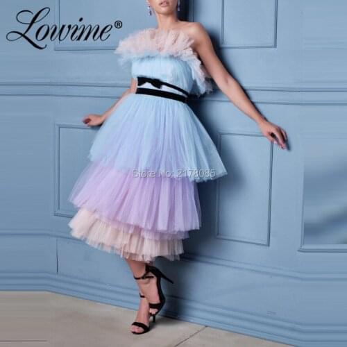 Tea Length Party Dresses Strapless Tiered Tulle Women Evening Gown 2020 New Arrival Short Prom Dress Vestido De Festa