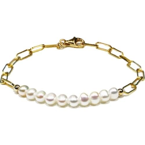 Lii Ji Natural Freshwater Pearl 925 Sterling Silver Gold Plated Chain Link Bracelet Square Chain Bracelet