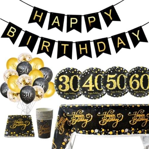 Black Gold Party 30 40 50 60 Years Birthday Party Disposable Tableware 30th 40th 50th Adult Birthday Party Decorations Supplies