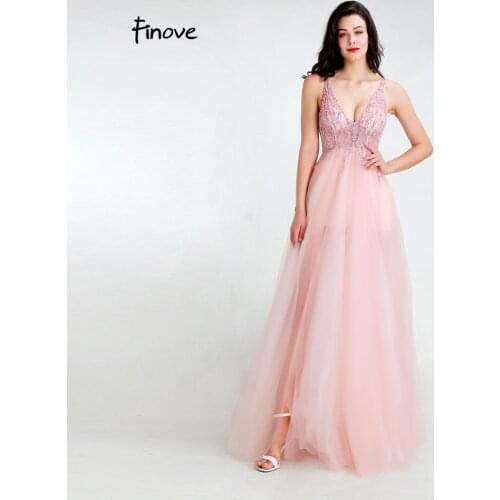 Finove 2020 Evening Dress New Design Sexy Light Illusion Tulle Beading V-Neck Elegant A-Line Long Prom Party Woman Dress