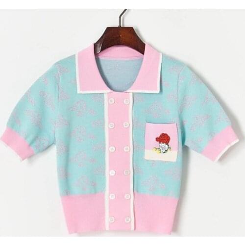 Turn-down Collar Short Sleeve Cardigan Sweater Crop Tops 2021 Summer Tops Double-breasted High Waist Short Shirt