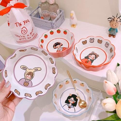 Cute Hand-painted Girl High-quality Ceramic Bowl Fruit Salad Bowl Dessert Bowl for One Person Exquisite Tableware