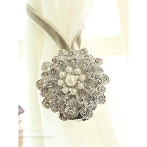 Set of 2 Magnetic Retractable Springs Curtain Decoration Clip On Holder Tie Backs Pearl silver rhinestone holdback free shipping