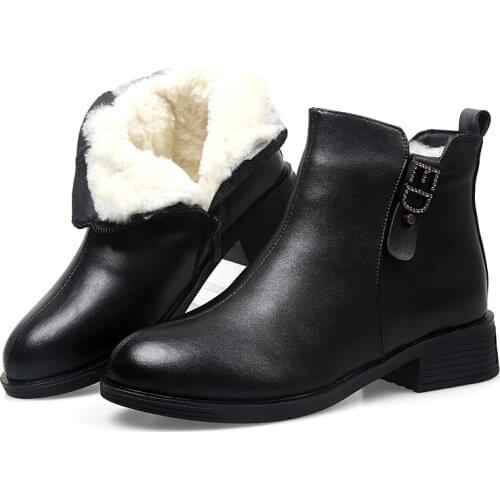New Fashion Cowhide Ankle Boots Winter Shoes Woman Wool Boots Women Leather Boots Low- Heel Non-slip Warm Snow Shoes Women Boots