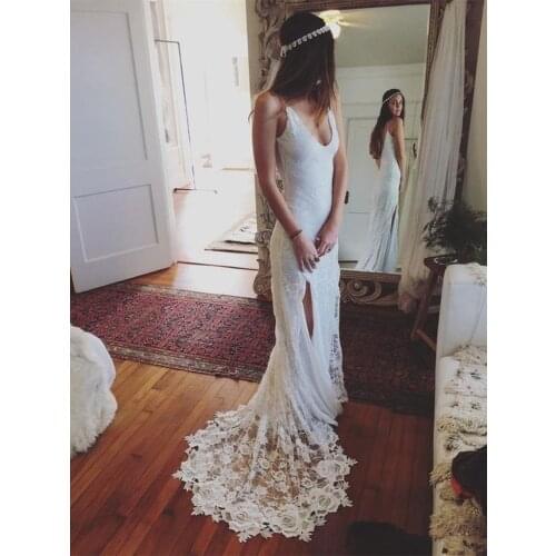 Charming Lace Bride Dresses Spaghetti Straps Side Split Mermaid Long Wedding Party Dress Vestidos De Novia