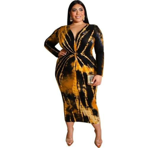 Echoine Women sexy maxi dress Tie-Dye Print V-neck Skinny Hip Midi Dresses long sleeve slim female party plus size lady 4XL 5XL