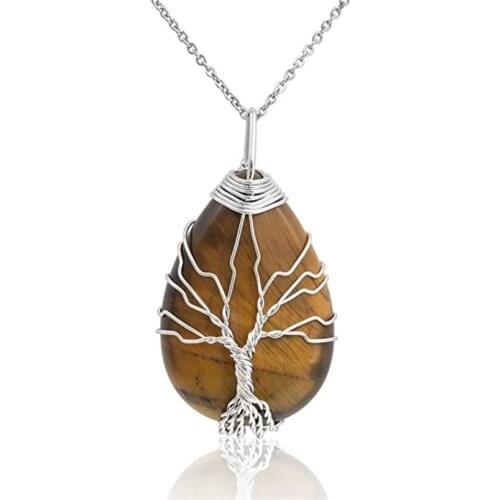 Silver Plated Wire Wrap Water Drop Tiger Eye Stone Pendant Link Chain Necklace Opalite Opal Tree of Life Jewelry
