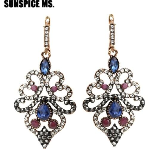 SUNSPICEMS Turkish Ethnic Rhinestone Drop Earrings for Women Indian Wedding Banquet Jewelry Long Hook Flower Earring Birdal Gift