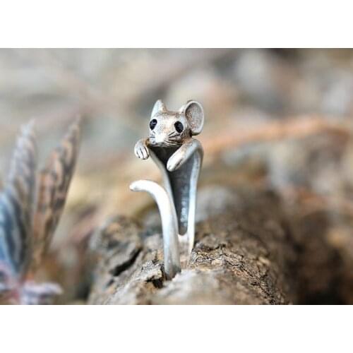 Vintage Mouse Ring Retro Burnished Rat Animal Ring Jewelry Adjustable Free Size Wrap Ring Black Crystal gift idea