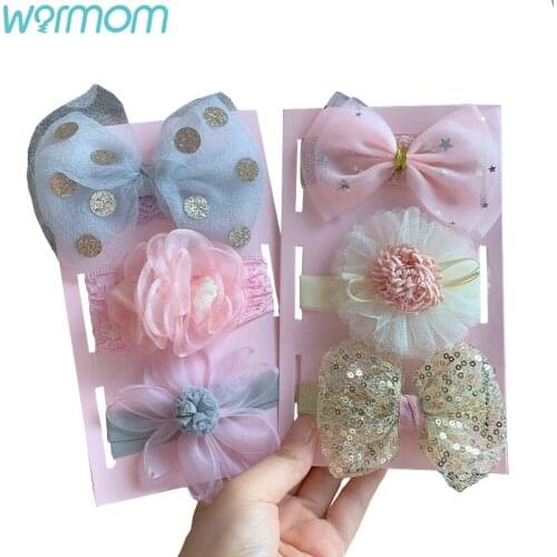 Warmom 3PCS/Set Baby Headbands Baby Birthday Headwear European Style Children Bowknot Flower Hair Band Children Lace Headdress