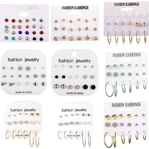 2020 New Circle Rhinestone Heart Flower Geometric Stud Earrings Set For Women Femme Brincos Earring Set Geometric earing Jewelry