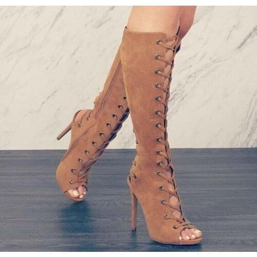 Dipsloot Woman Black Army Green Brown Suede Cuts Out Long Boots Cross Lace Up Peep Toe Slingback Thin Heels Knee High Boots