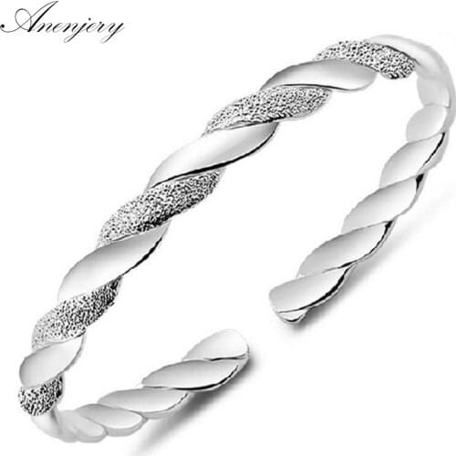 ANENJERY 925 Sterling Silver Love Twist Scrub Cuff Bracelets & Bangles For Women pulseras Valentines Day present S-B60