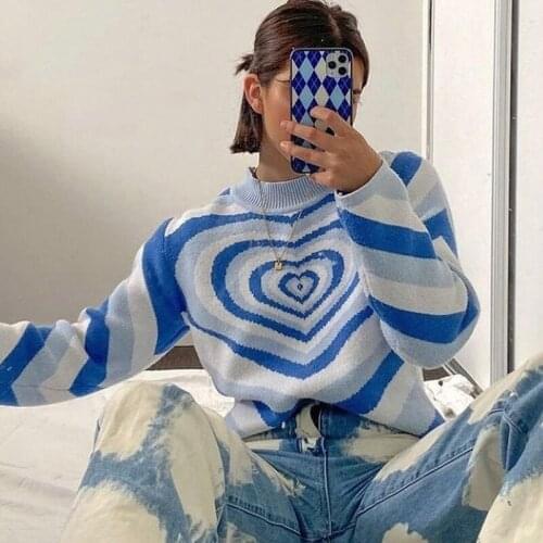 Aesthetics Heart stripe print Top women cute knit Y2k Sweater oversize vintage High street Blouse Winter soft Womens sweater