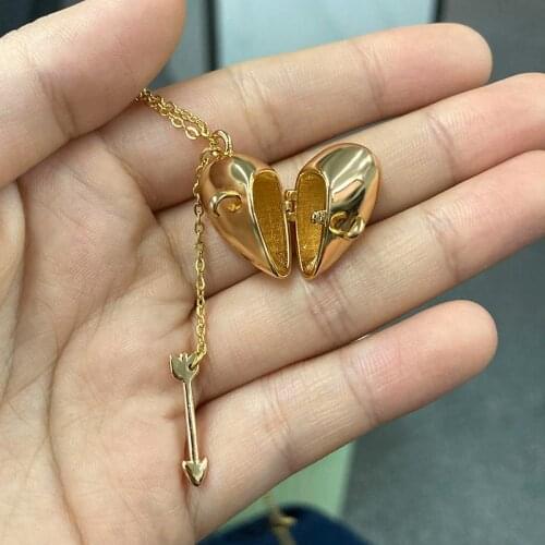 Gold Color Love Heart Shaped Cupids Arrow Pendant Necklace Charm Openable Locket Necklaces Women Men Fashion Memorial Jewelry
