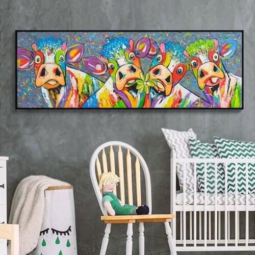 100% Hand Painted Oil Paintings Abstract Colorful Cow On Canvas Modern Wall Art Pictures For Living Room Home Decor Best Gift