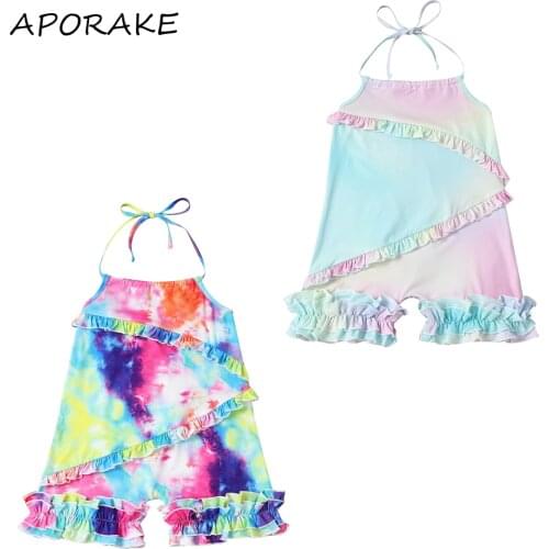 2021 0-4Y Casual Infant Baby Girl Playsuit Tie Dye Print Sleeveless Ruffle Backless Halter Romper Flare Pants Summer Outfits
