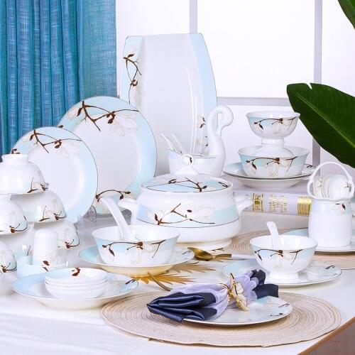 60 Heads Jingdezhen Bone China Dinner Tableware Rice Bowl Soup Bowl Salad Noodles Bowl Plate Dish Bowl Dinnerware