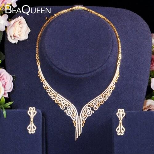 BeaQueen Newest Cubic Zirconia Micro Paved Indian Gold Color Earrings Necklace Vintage Wedding Jewelry Sets for Brides JS251