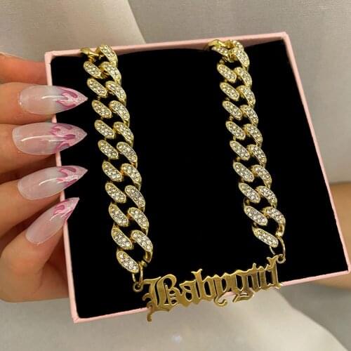 JUST FEEL Iced Out Cuban Link Chain Choker Necklace for Women Metal Babygirl letters Pendant Necklace Rhinestone Crystal Jewelry