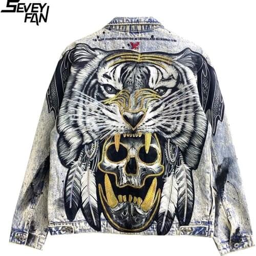 Punk Skull Sequin Denim Jacket Men Vintage Tiger Embroidery Fashion Blue Jeans Jackets Slim Streetwear Hip Hop Outwear Hipster
