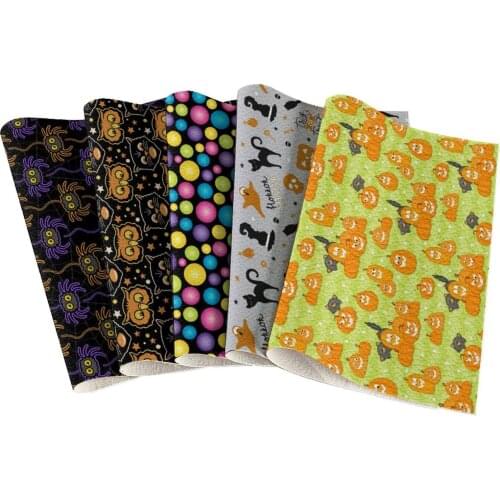 Halloween Witch Owl Pumpkin Lychee Printed Faux Leather Fabric DIY Tool Bag Wallet Kit Decoration