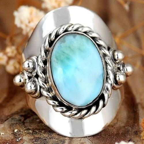 Larimar Ring 925 Sterling Silver Boho Blue Stone Statement Handmade Gem Size 5-12