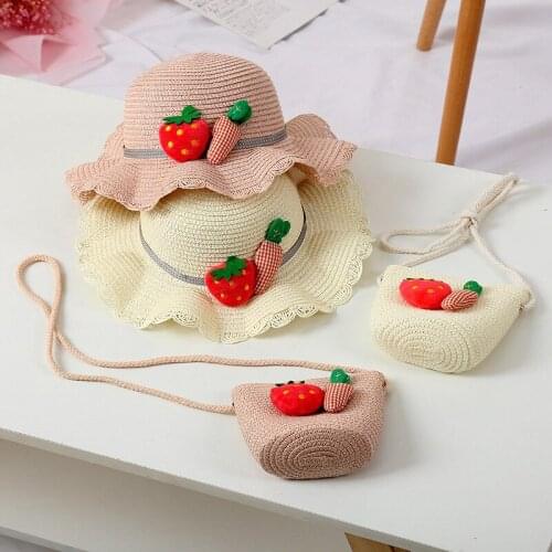 Summer Straw Hat Bag Set Girls Cartoon Strawberry Carrot CHood Baby Beach Bag Wholesale Free Shipping