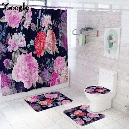 Pastoral Style Bathroom Carpet Rug Floral Printing Shower Curtain and Bath Mat Set Toilet Seat Cover Mat Non-slip Foot Mat