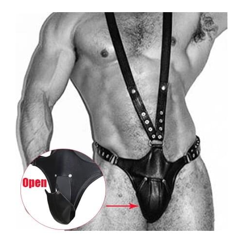 Leather Thong Open Crotch Pants Male Chastity Cock Cage Scrotum Bag,BDSM Body Bondage Belt Strap,Punk Rave Bodysuit Sexy Costume