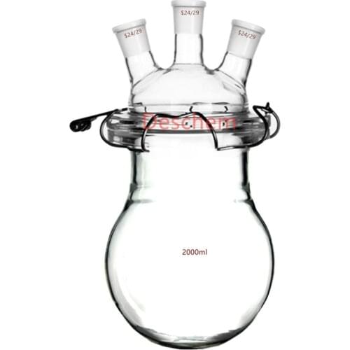 2000ml 24/29 3-Neck Glass Reactor 2L Lab Reaction Flask W/Three Necks Lid And Clamp
