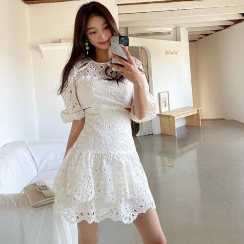 Summer Dress Elegant Vintage White Women Dresses Bodycon Bandag Office Lady Hollow Out Sundress Party Sexy Korean Sweet Clothes