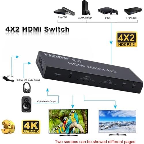 4K HDMI Matrix Switch 4 x 2 HDMI 2.0 Matrix Switch Support 4K@60hz 3D - FullHD 1080p Support-4 input 2 output Matrix Switch